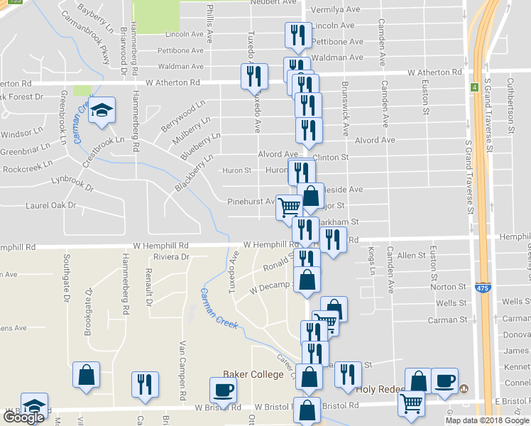 map of restaurants, bars, coffee shops, grocery stores, and more near 1122 Markham Street in Flint