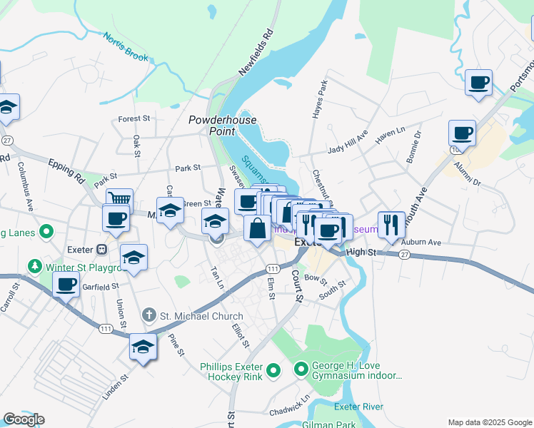 map of restaurants, bars, coffee shops, grocery stores, and more near 193 Water Street in Exeter