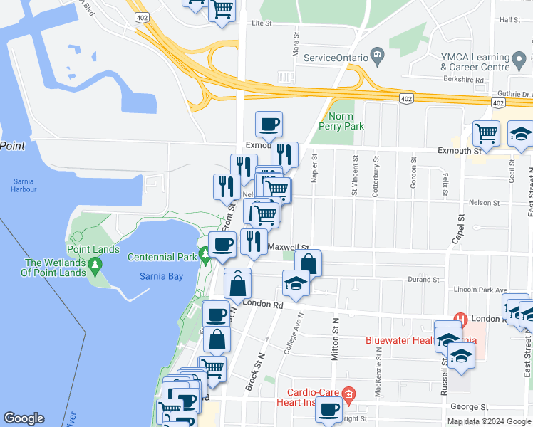 map of restaurants, bars, coffee shops, grocery stores, and more near 483 Christina Street North in Sarnia