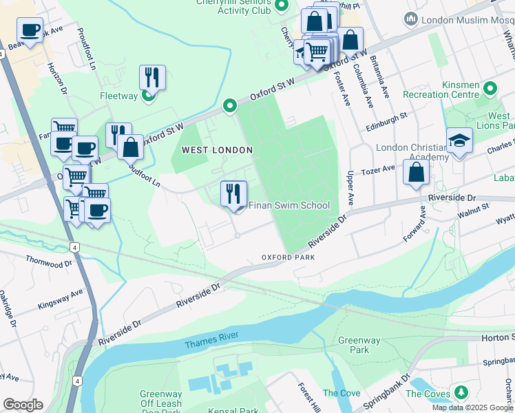 map of restaurants, bars, coffee shops, grocery stores, and more near 604 Beaverbrook Avenue in London