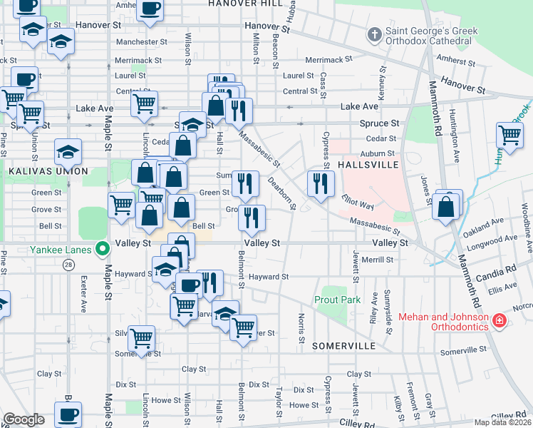 map of restaurants, bars, coffee shops, grocery stores, and more near 759 Grove Street in Manchester