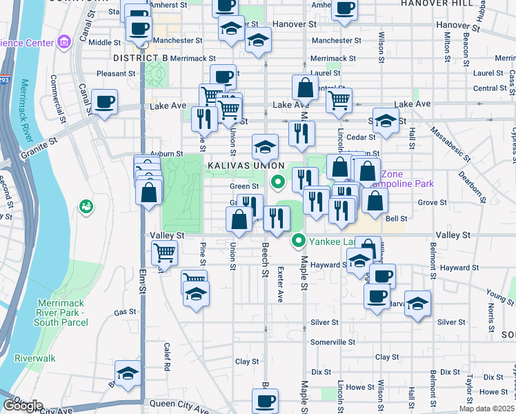 map of restaurants, bars, coffee shops, grocery stores, and more near 291 Grove Street in Manchester
