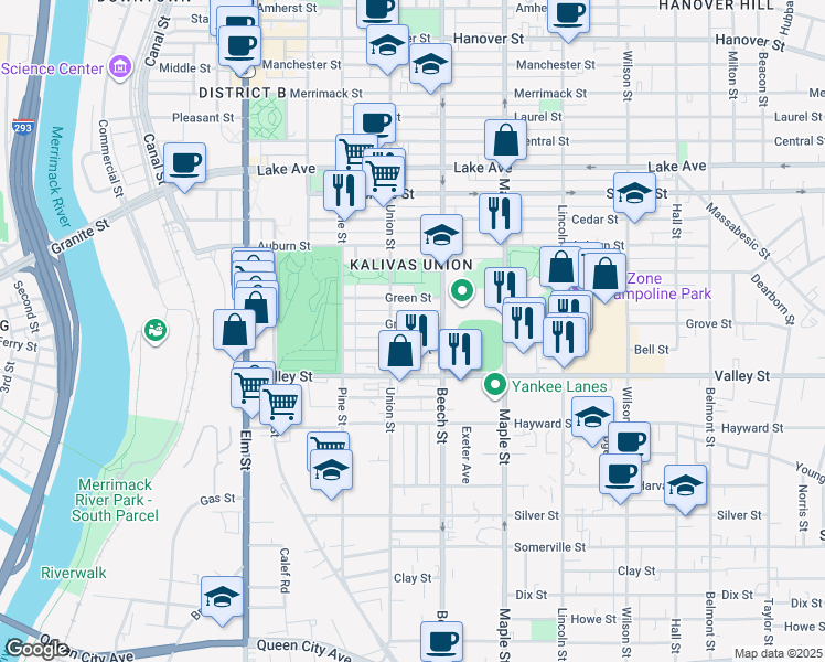 map of restaurants, bars, coffee shops, grocery stores, and more near 233 Grove Street in Manchester