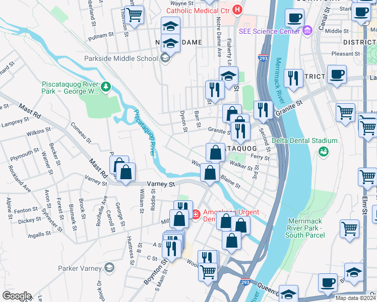 map of restaurants, bars, coffee shops, grocery stores, and more near 139 Parker Street in Manchester