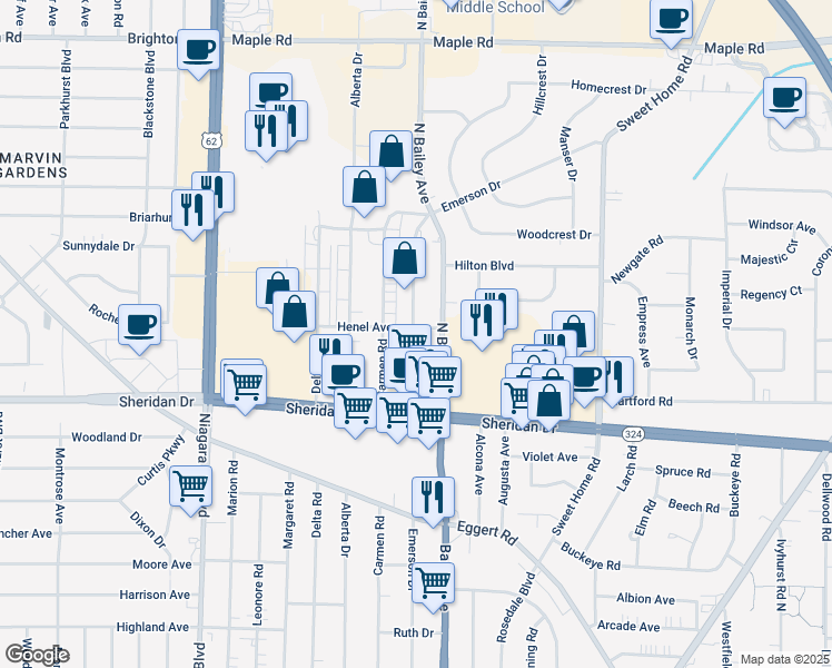 map of restaurants, bars, coffee shops, grocery stores, and more near 61 Henel Road in Buffalo