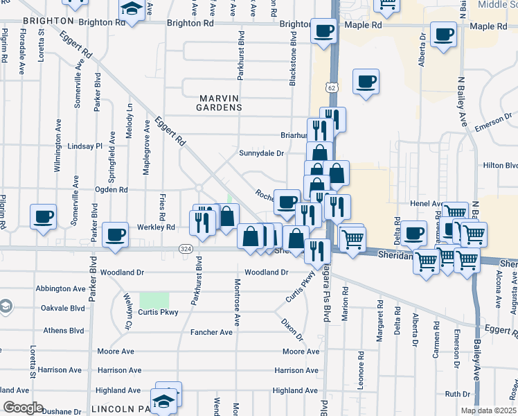 map of restaurants, bars, coffee shops, grocery stores, and more near 2383 Eggert Road in Tonawanda