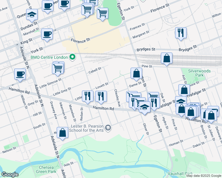 map of restaurants, bars, coffee shops, grocery stores, and more near 130 Chesley Avenue in London