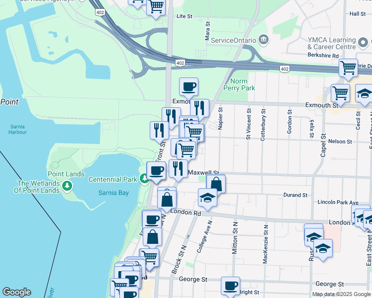 map of restaurants, bars, coffee shops, grocery stores, and more near 483 Christina Street North in Sarnia