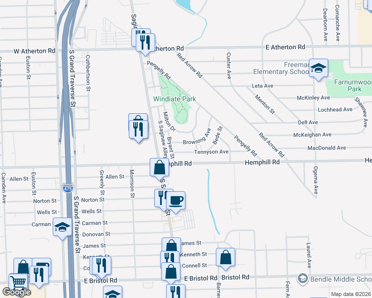 map of restaurants, bars, coffee shops, grocery stores, and more near 237 Tennyson Avenue in Flint