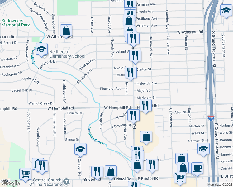 map of restaurants, bars, coffee shops, grocery stores, and more near 1122 Markham Street in Flint