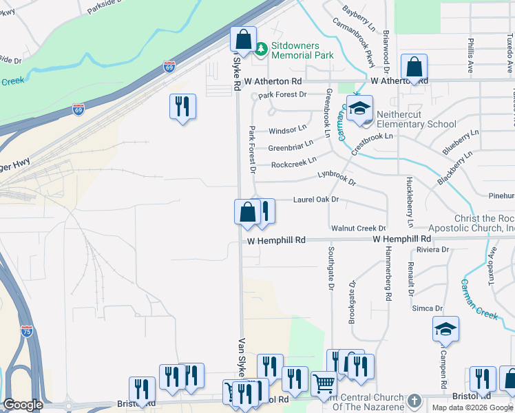 map of restaurants, bars, coffee shops, grocery stores, and more near 1939 Laurel Oak Drive in Flint