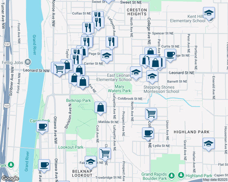 map of restaurants, bars, coffee shops, grocery stores, and more near 1049 Lafayette Avenue Northeast in Grand Rapids