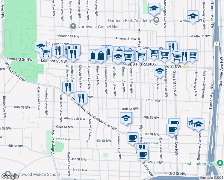 map of restaurants, bars, coffee shops, grocery stores, and more near 1027 Widdicomb Avenue Northwest in Grand Rapids