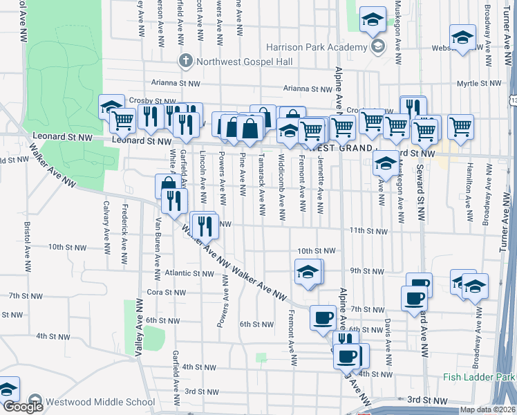 map of restaurants, bars, coffee shops, grocery stores, and more near 1018 Pine Avenue Northwest in Grand Rapids