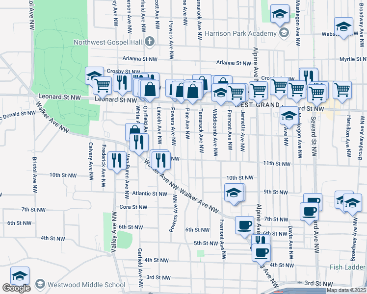 map of restaurants, bars, coffee shops, grocery stores, and more near 1020 Powers Avenue Northwest in Grand Rapids