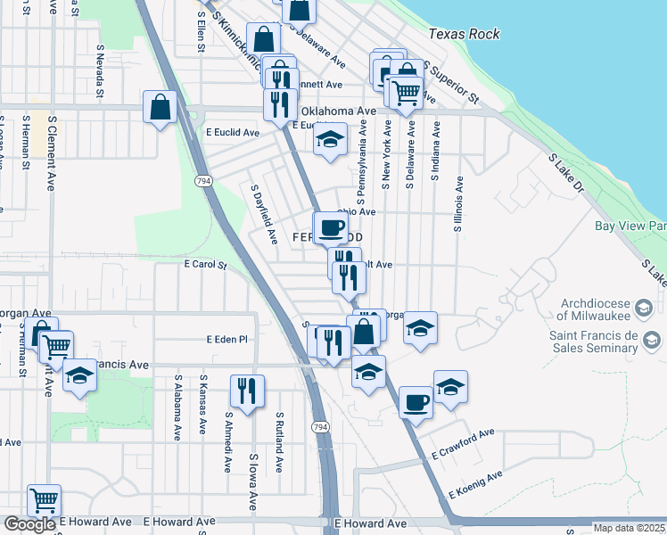 map of restaurants, bars, coffee shops, grocery stores, and more near 3411 South Kinnickinnic Avenue in Milwaukee