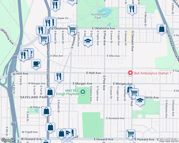 map of restaurants, bars, coffee shops, grocery stores, and more near 600 East Holt Avenue in Milwaukee