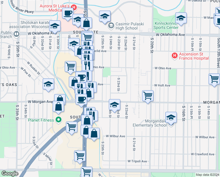 map of restaurants, bars, coffee shops, grocery stores, and more near 3401-3449 S 24th St in Milwaukee