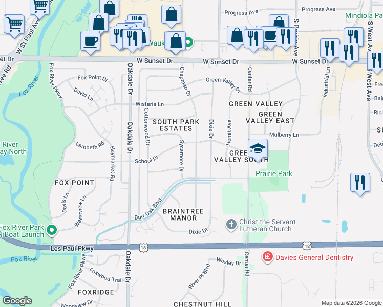 map of restaurants, bars, coffee shops, grocery stores, and more near 1809 Sycamore Drive in Waukesha
