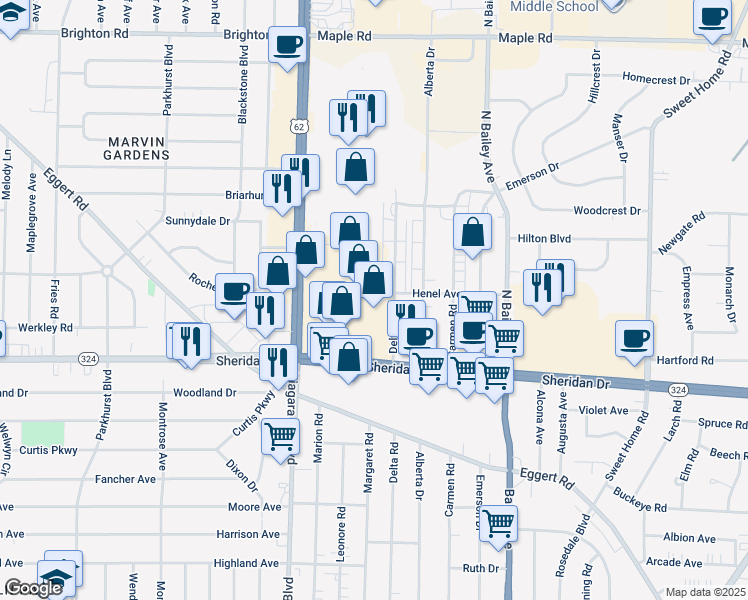 map of restaurants, bars, coffee shops, grocery stores, and more near 3048 Sheridan Drive in Erie County