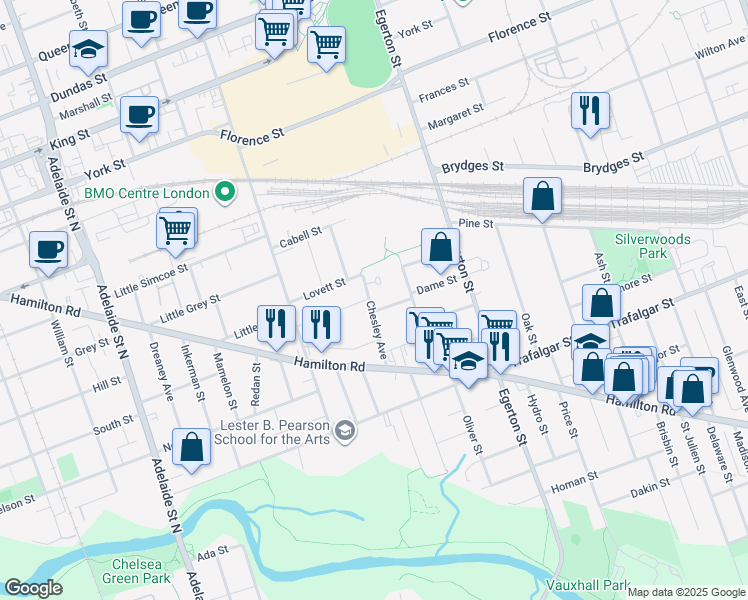 map of restaurants, bars, coffee shops, grocery stores, and more near 130 Chesley Avenue in London