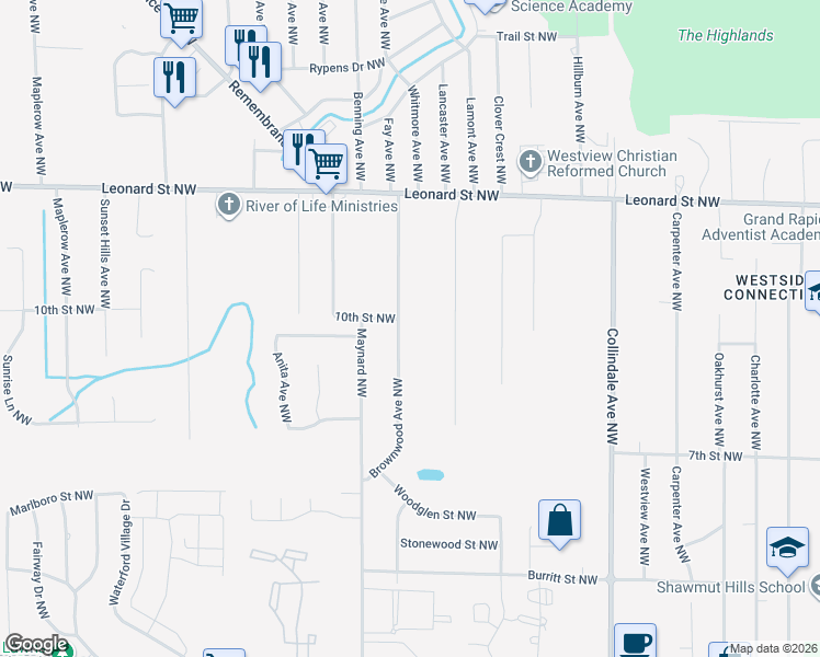 map of restaurants, bars, coffee shops, grocery stores, and more near 960 Brownwood Avenue Northwest in Grand Rapids
