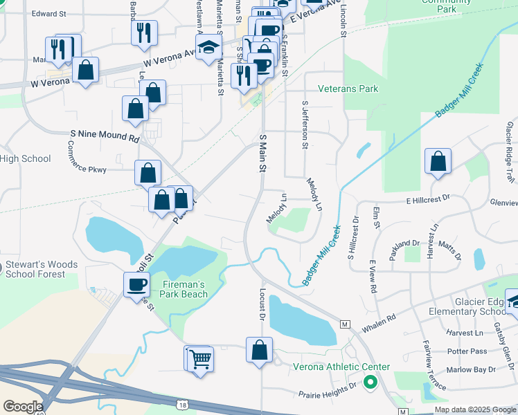 map of restaurants, bars, coffee shops, grocery stores, and more near 441 South Main Street in Verona