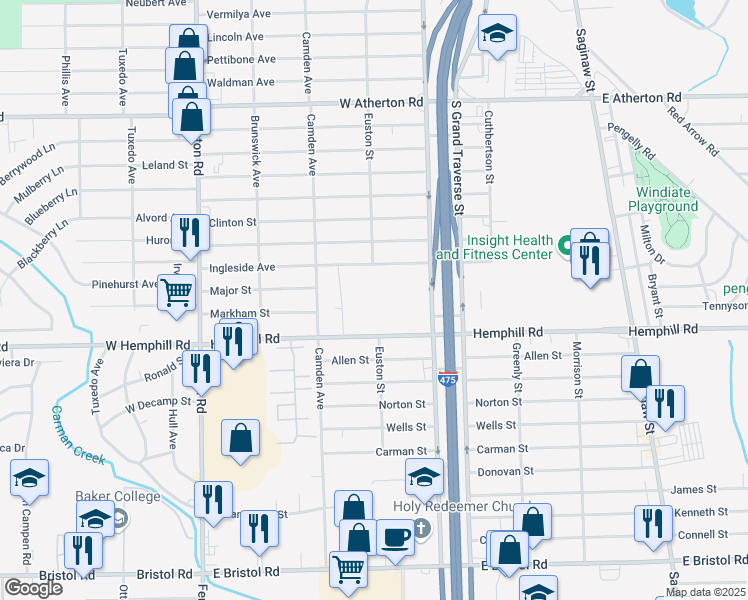 map of restaurants, bars, coffee shops, grocery stores, and more near 4501 Camden Avenue in Flint