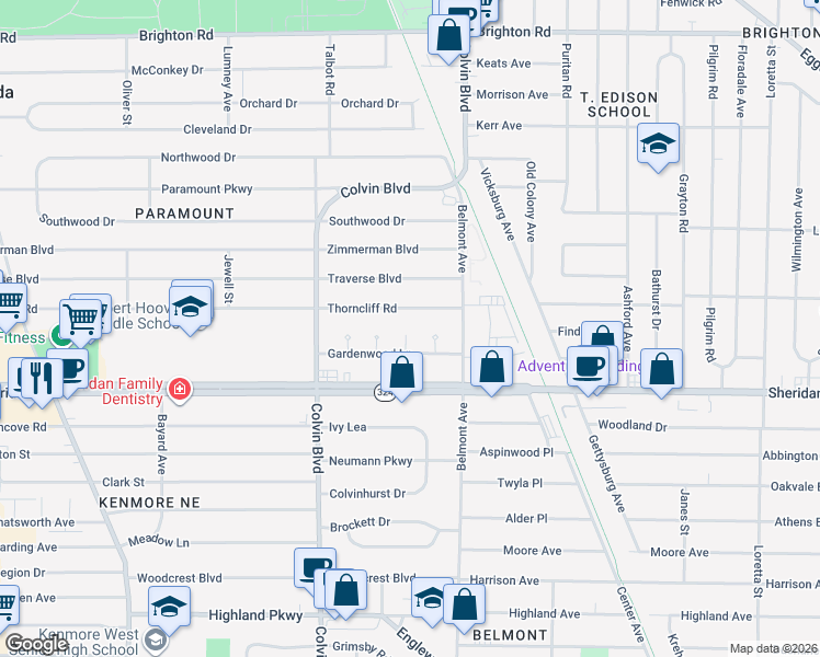 map of restaurants, bars, coffee shops, grocery stores, and more near 21 Fallwood Court in Buffalo