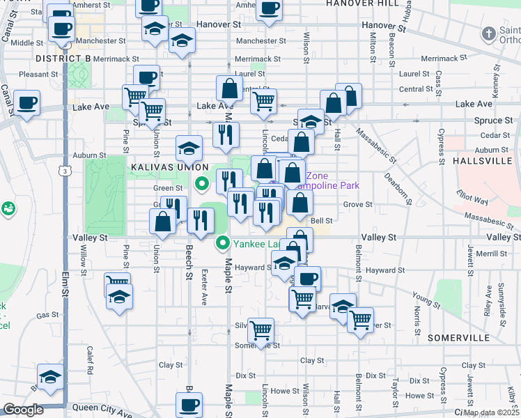 map of restaurants, bars, coffee shops, grocery stores, and more near 336 Lincoln Street in Manchester