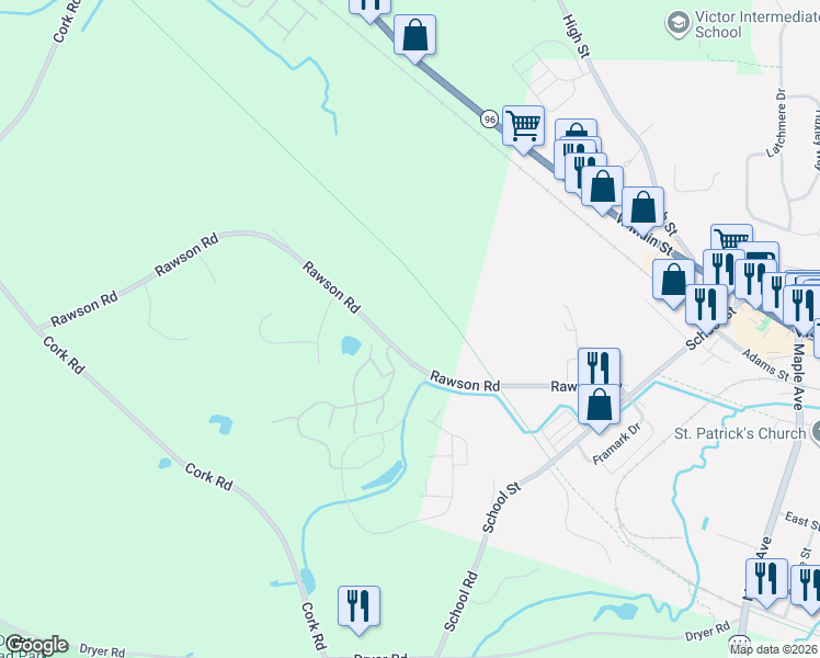map of restaurants, bars, coffee shops, grocery stores, and more near 1117 Yorkshire Way in Victor