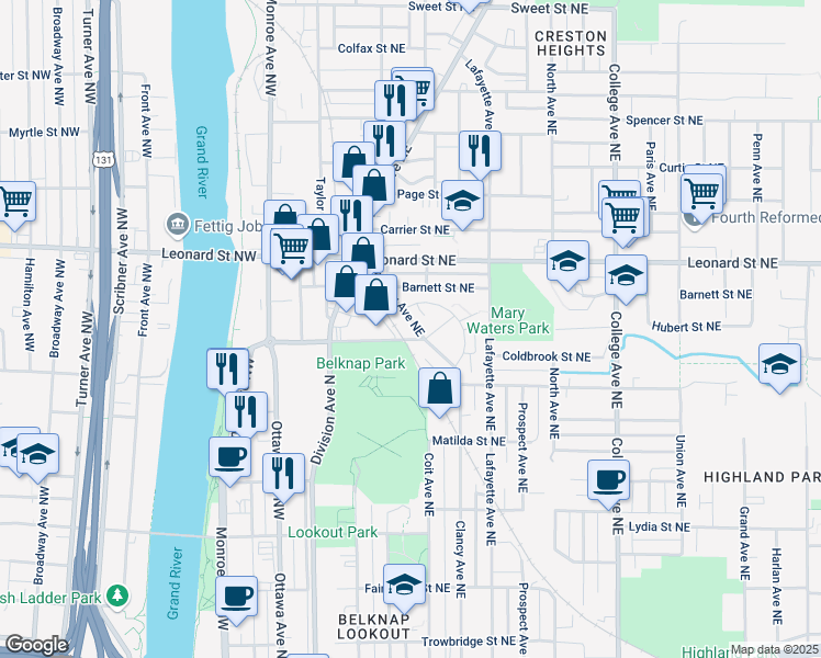 map of restaurants, bars, coffee shops, grocery stores, and more near 1111 Clancy Avenue Northeast in Grand Rapids