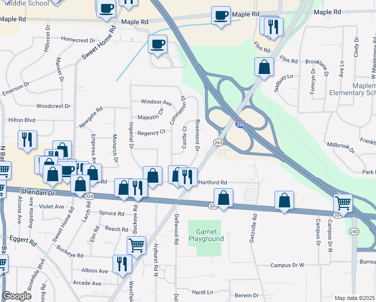 map of restaurants, bars, coffee shops, grocery stores, and more near 31 Castle Court in Buffalo