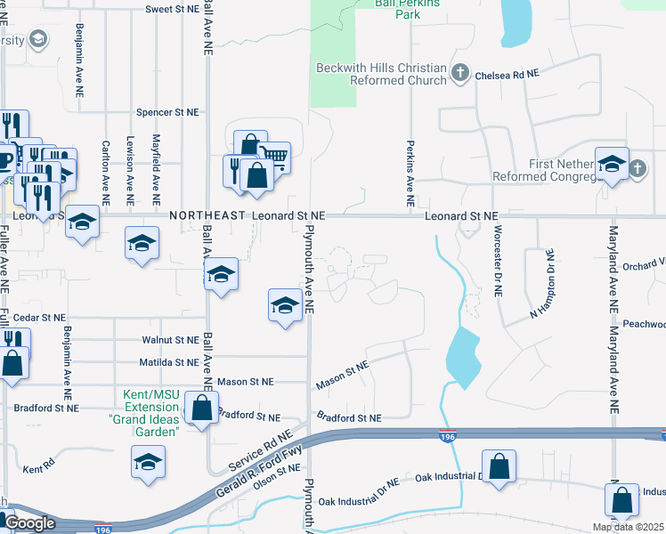 map of restaurants, bars, coffee shops, grocery stores, and more near 1150 Plymouth Avenue Northeast in Grand Rapids