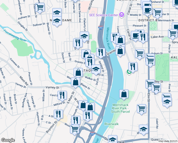 map of restaurants, bars, coffee shops, grocery stores, and more near 129 Ferry Street in Manchester