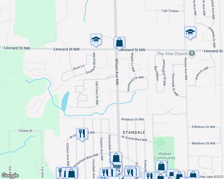 map of restaurants, bars, coffee shops, grocery stores, and more near 943 Cedar Run Court Northwest in Walker