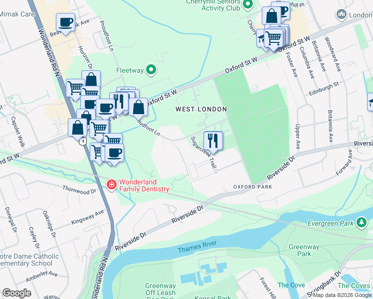 map of restaurants, bars, coffee shops, grocery stores, and more near 565 Proudfoot Lane in London