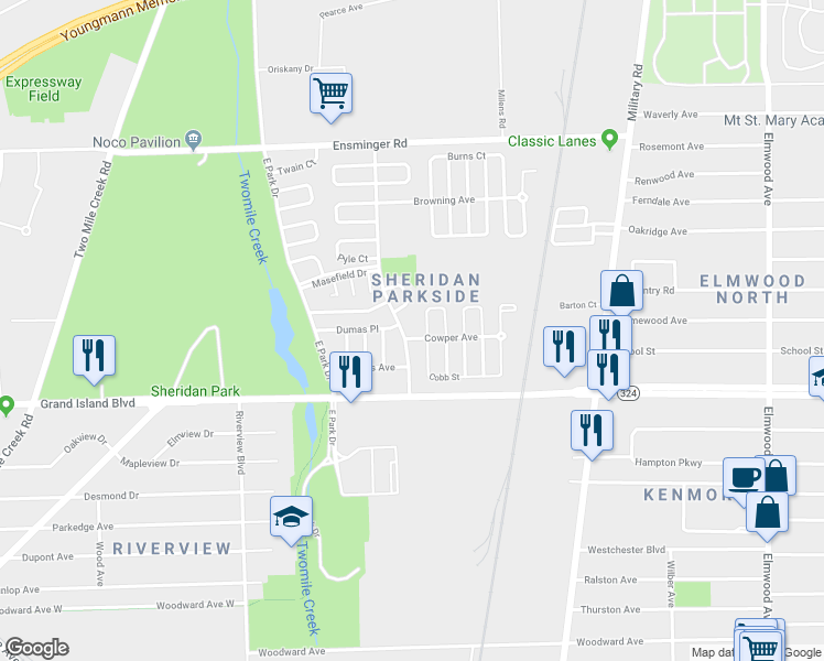 map of restaurants, bars, coffee shops, grocery stores, and more near 61-63 Sheridan Parkside Drive in Tonawanda