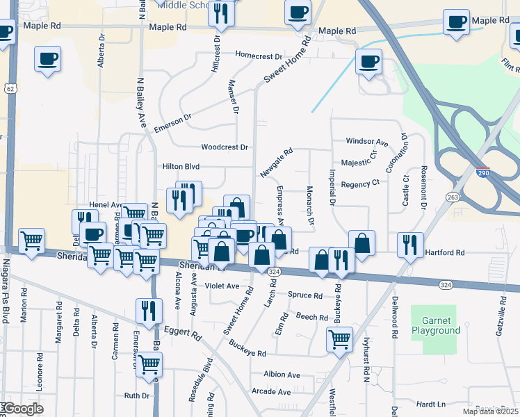 map of restaurants, bars, coffee shops, grocery stores, and more near 715 Sweet Home Road in Buffalo
