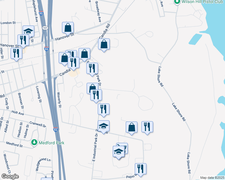 map of restaurants, bars, coffee shops, grocery stores, and more near 111 Zachary Road in Manchester