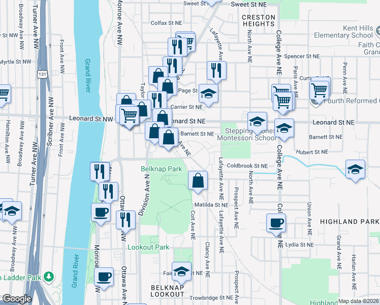 map of restaurants, bars, coffee shops, grocery stores, and more near 1070 Clancy Avenue Northeast in Grand Rapids