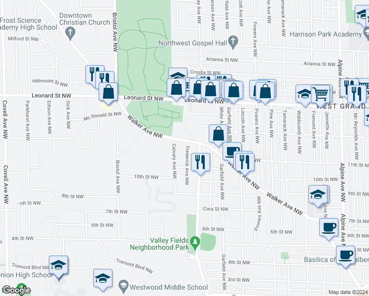 map of restaurants, bars, coffee shops, grocery stores, and more near 1019 Frederick Avenue Northwest in Grand Rapids