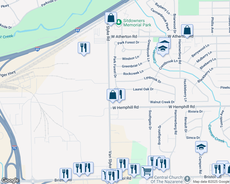 map of restaurants, bars, coffee shops, grocery stores, and more near 1943 Laurel Oak Drive in Flint
