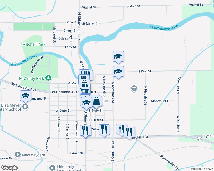 map of restaurants, bars, coffee shops, grocery stores, and more near 302 East Mack Street in Corunna