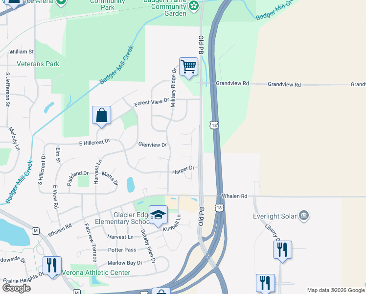map of restaurants, bars, coffee shops, grocery stores, and more near 518 Goldenrod Circle in Verona