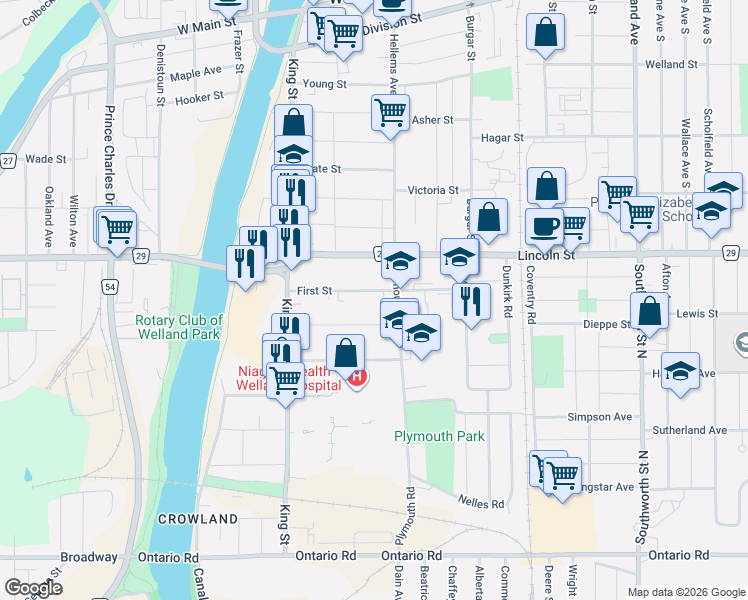 map of restaurants, bars, coffee shops, grocery stores, and more near 87 First Street in Welland