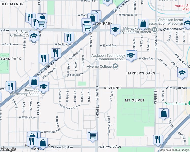 map of restaurants, bars, coffee shops, grocery stores, and more near 3415 South 43rd Street in Greenfield