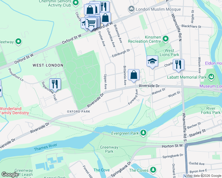 map of restaurants, bars, coffee shops, grocery stores, and more near 281 Riverside Drive in London