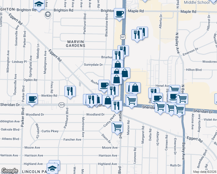map of restaurants, bars, coffee shops, grocery stores, and more near 115 Rochelle Park in Tonawanda