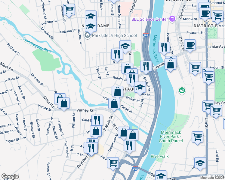 map of restaurants, bars, coffee shops, grocery stores, and more near 68 Parker Street in Manchester
